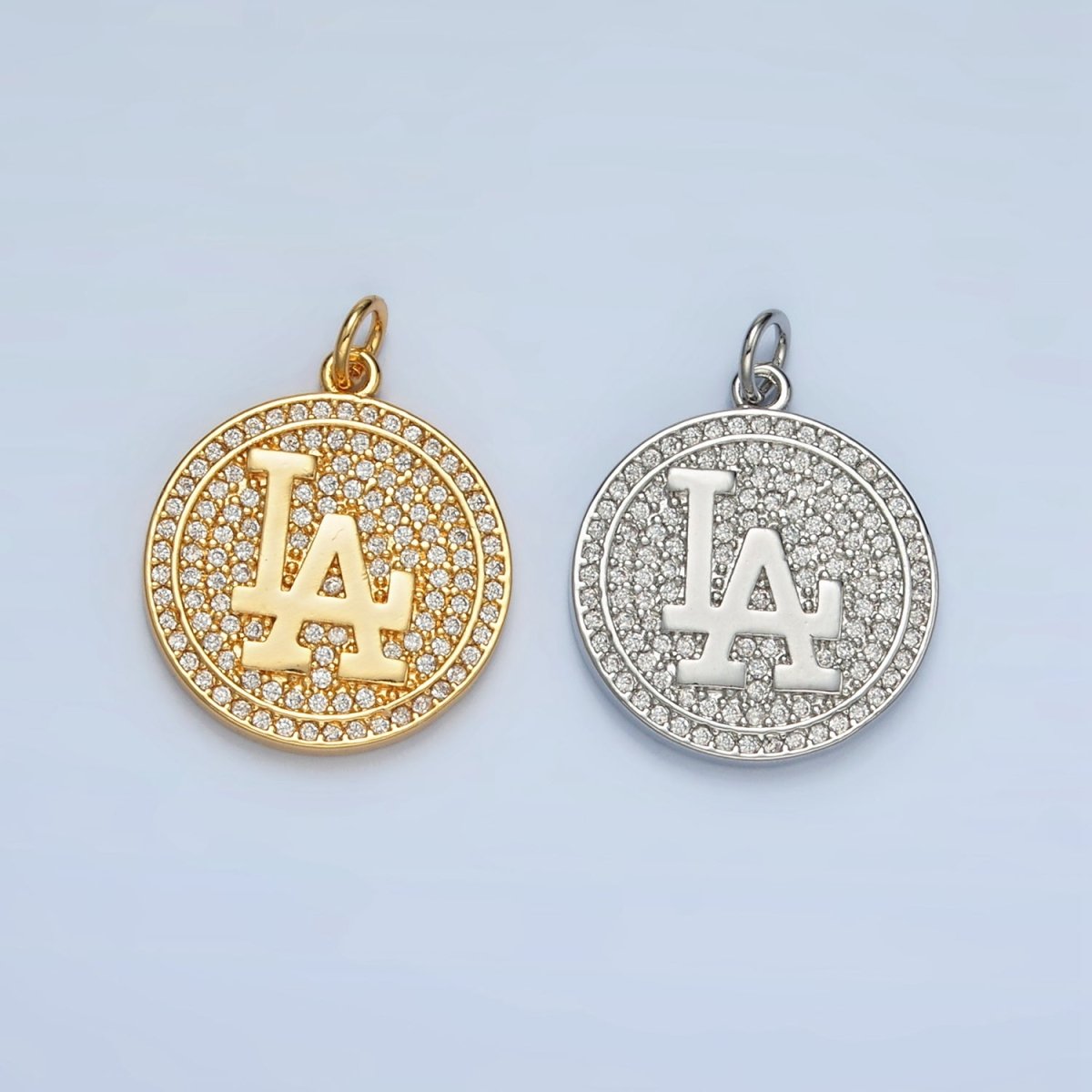 24K Gold Filled "Los Angeles" Micro Paved CZ Round Charm in Gold & Silver LA Pendant | AG893