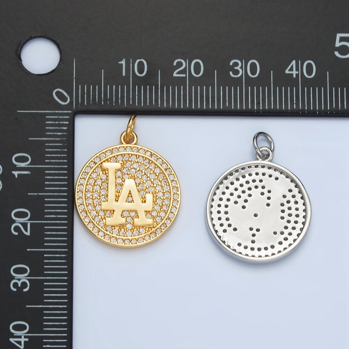 24K Gold Filled "Los Angeles" Micro Paved CZ Round Charm in Gold & Silver LA Pendant | AG893