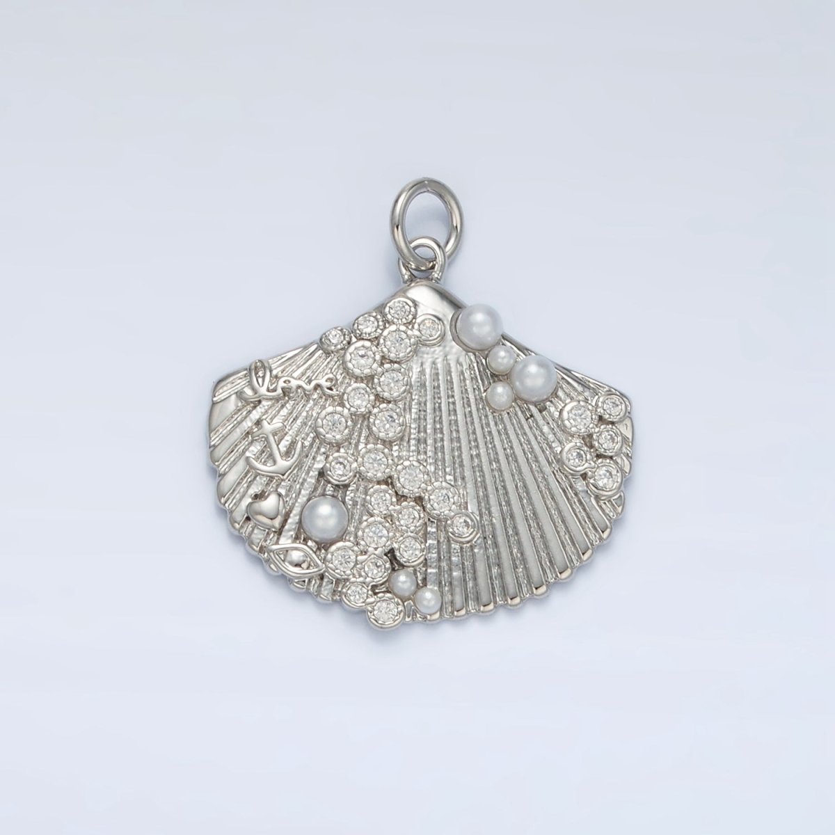 24K Gold Filled "Love" Anchor Pearl CZ Dotted Clam Sea Shell Charm in Gold & Silver | M746
