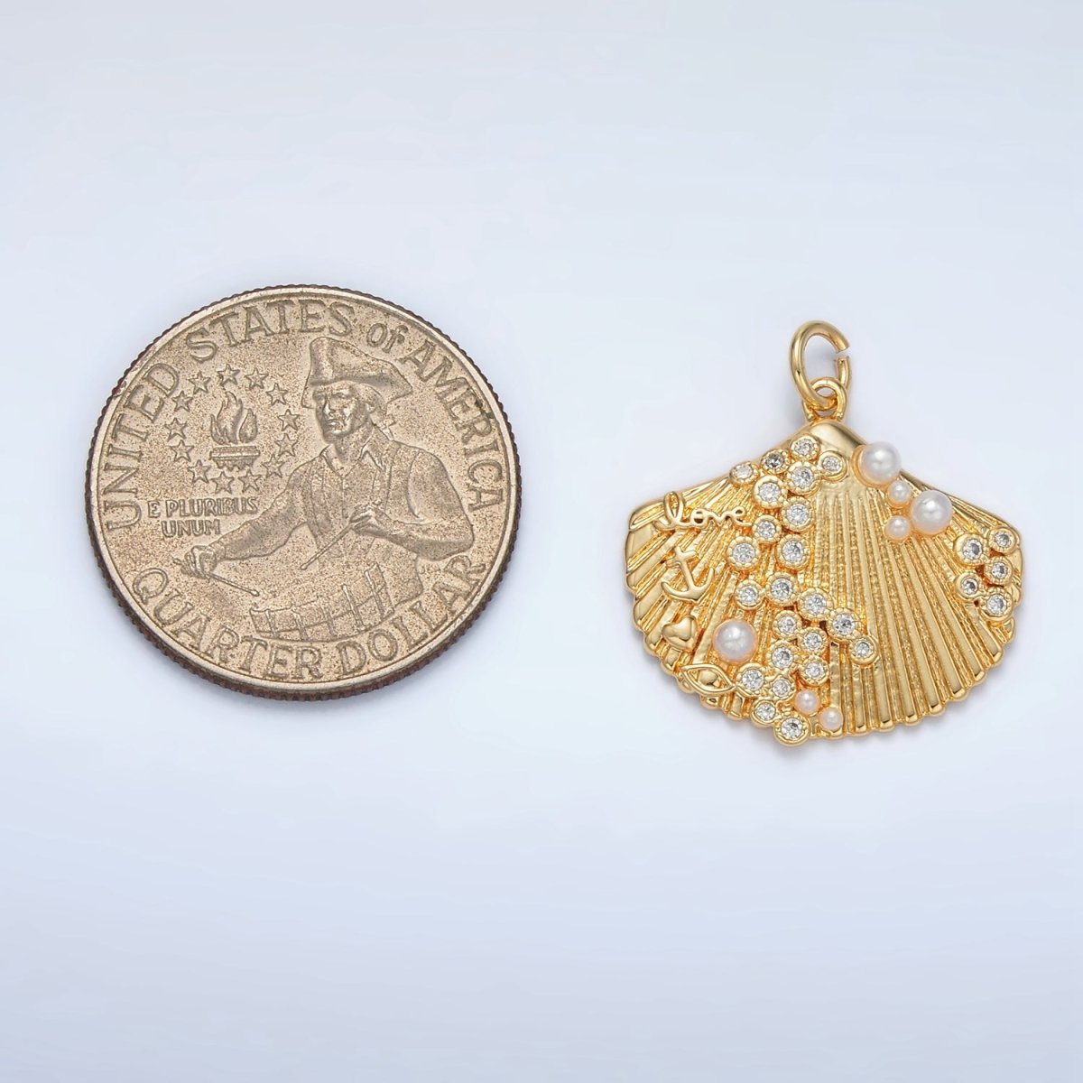 24K Gold Filled "Love" Anchor Pearl CZ Dotted Clam Sea Shell Charm in Gold & Silver | M746