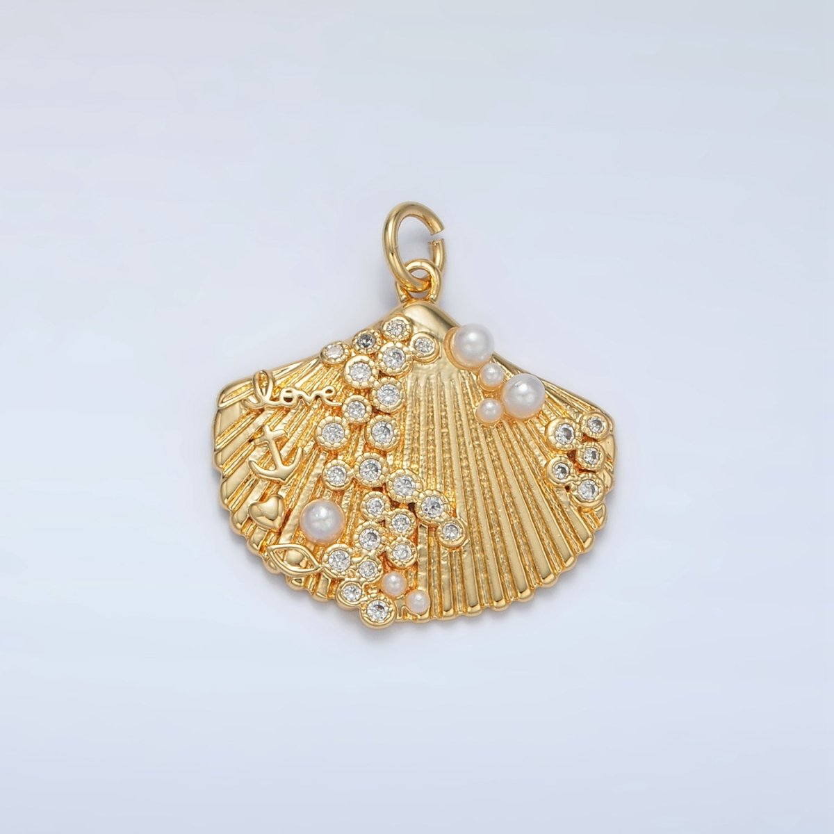 24K Gold Filled "Love" Anchor Pearl CZ Dotted Clam Sea Shell Charm in Gold & Silver | M746