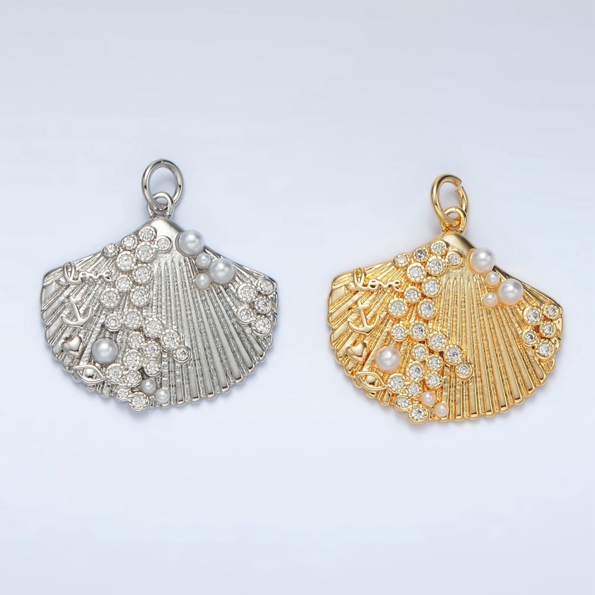 24K Gold Filled "Love" Anchor Pearl CZ Dotted Clam Sea Shell Charm in Gold & Silver | M746