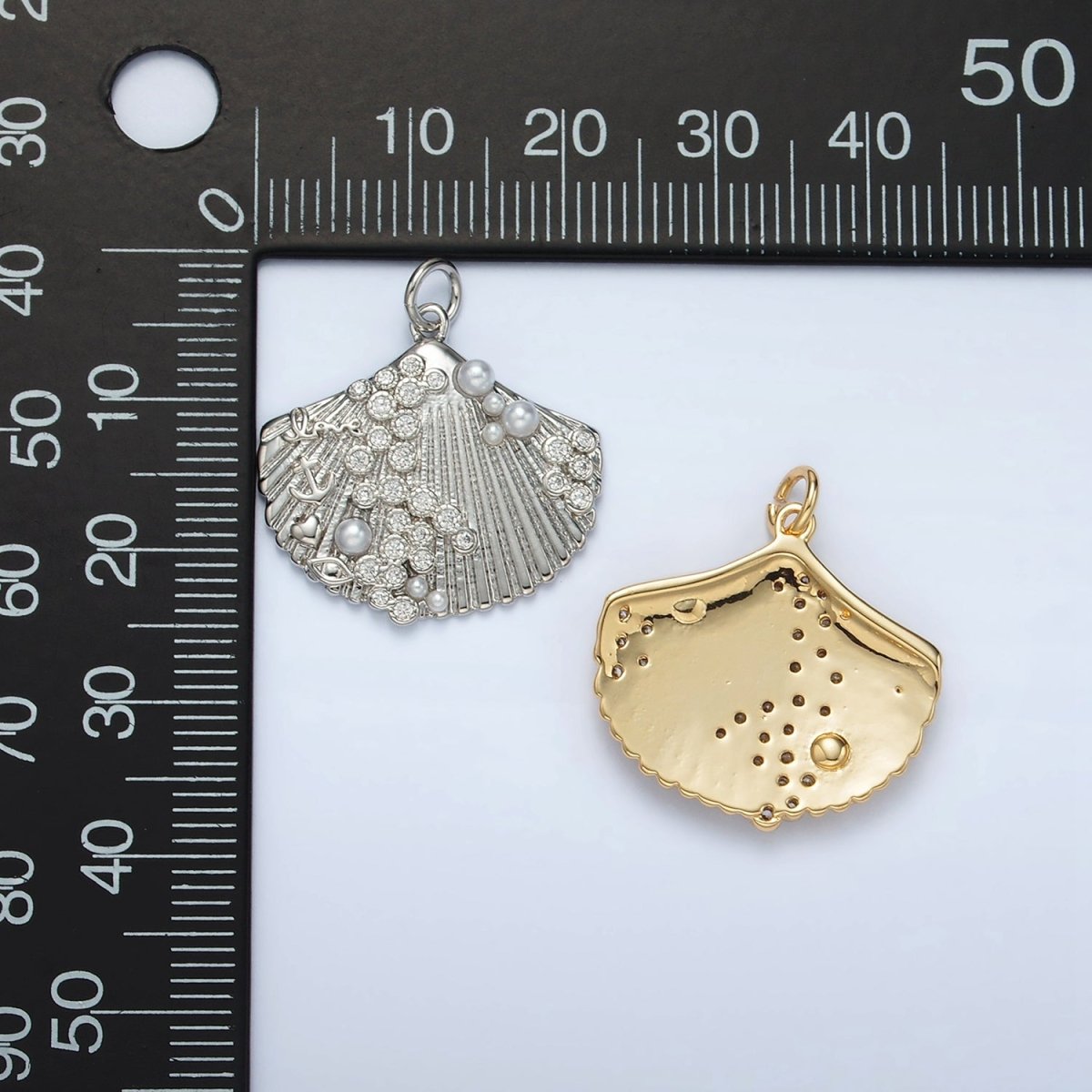24K Gold Filled "Love" Anchor Pearl CZ Dotted Clam Sea Shell Charm in Gold & Silver | M746