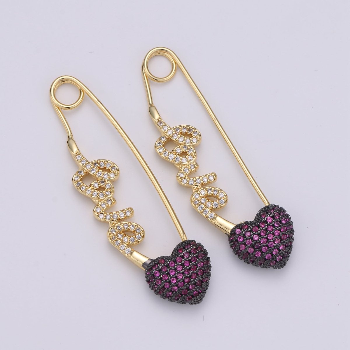 24K Gold Filled "Love"  Gold / Teal / Magenta Micro Paved CZ Heart Safety Pins | K-877 K-878 K-879