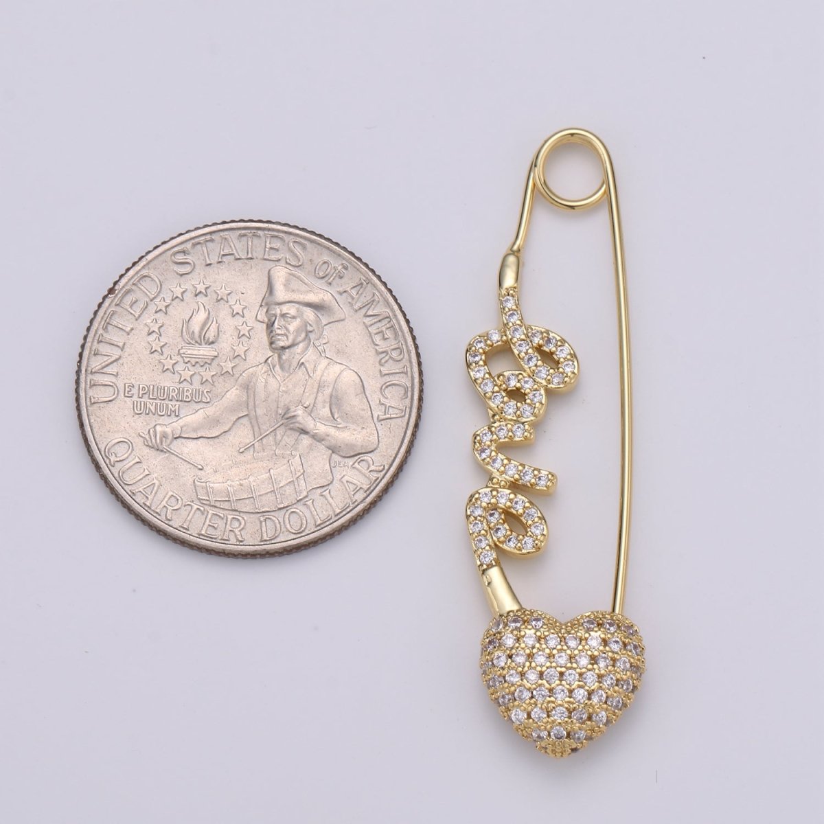 24K Gold Filled "Love"  Gold / Teal / Magenta Micro Paved CZ Heart Safety Pins | K-877 K-878 K-879