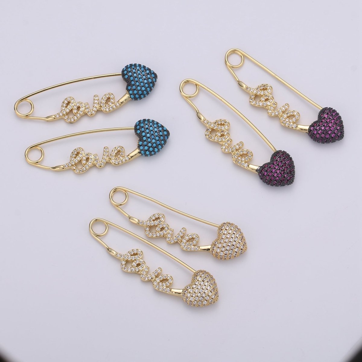 24K Gold Filled "Love"  Gold / Teal / Magenta Micro Paved CZ Heart Safety Pins | K-877 K-878 K-879