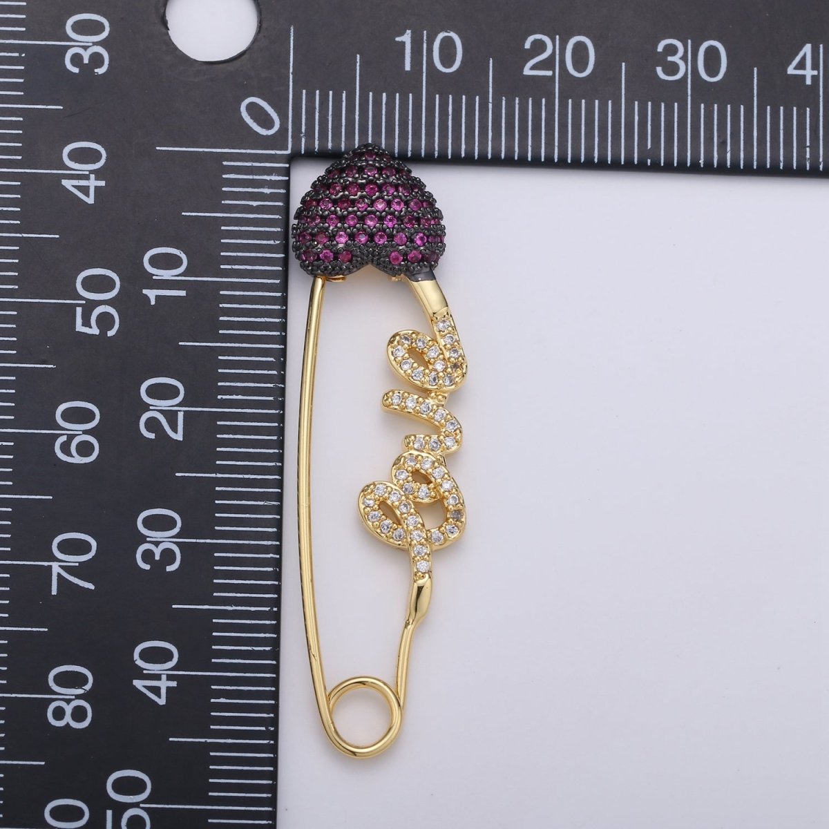 24K Gold Filled "Love"  Gold / Teal / Magenta Micro Paved CZ Heart Safety Pins | K-877 K-878 K-879