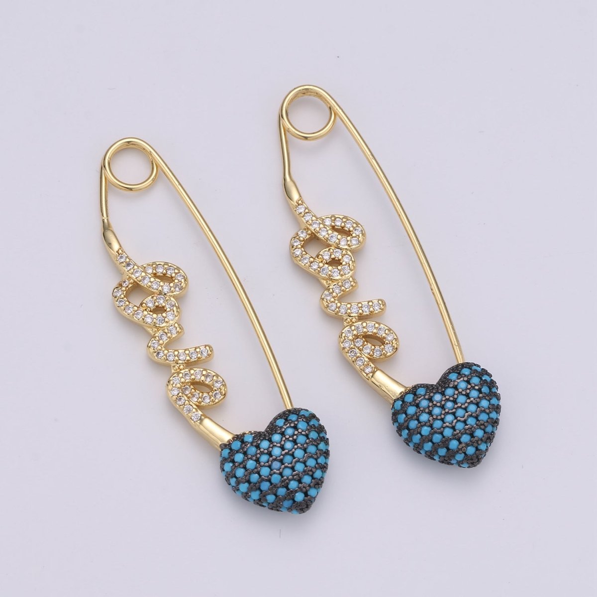 24K Gold Filled "Love"  Gold / Teal / Magenta Micro Paved CZ Heart Safety Pins | K-877 K-878 K-879