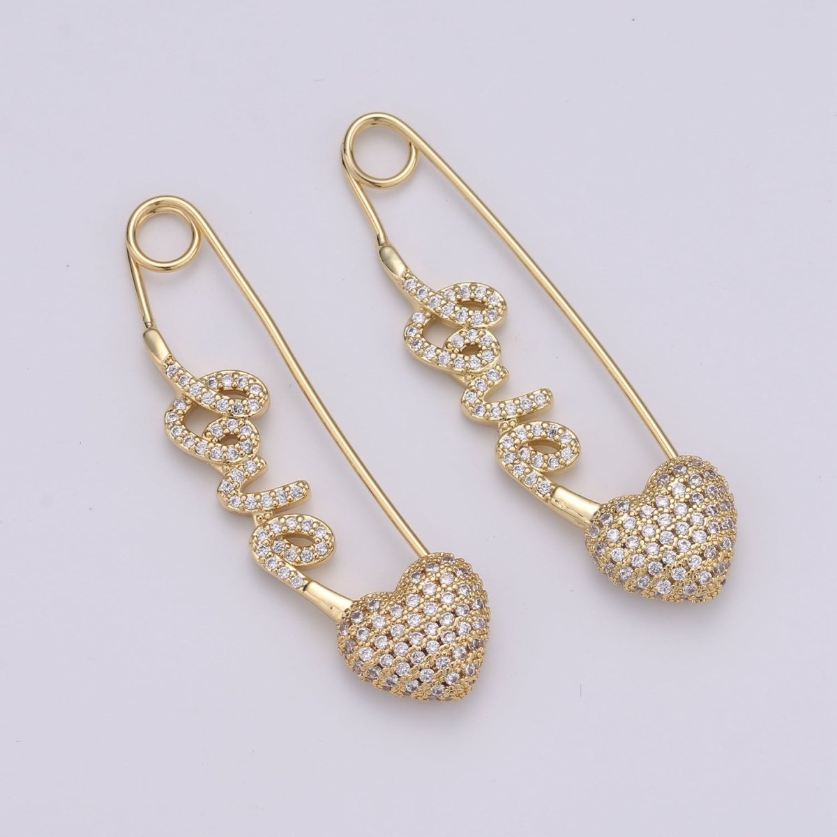 24K Gold Filled "Love"  Gold / Teal / Magenta Micro Paved CZ Heart Safety Pins | K-877 K-878 K-879