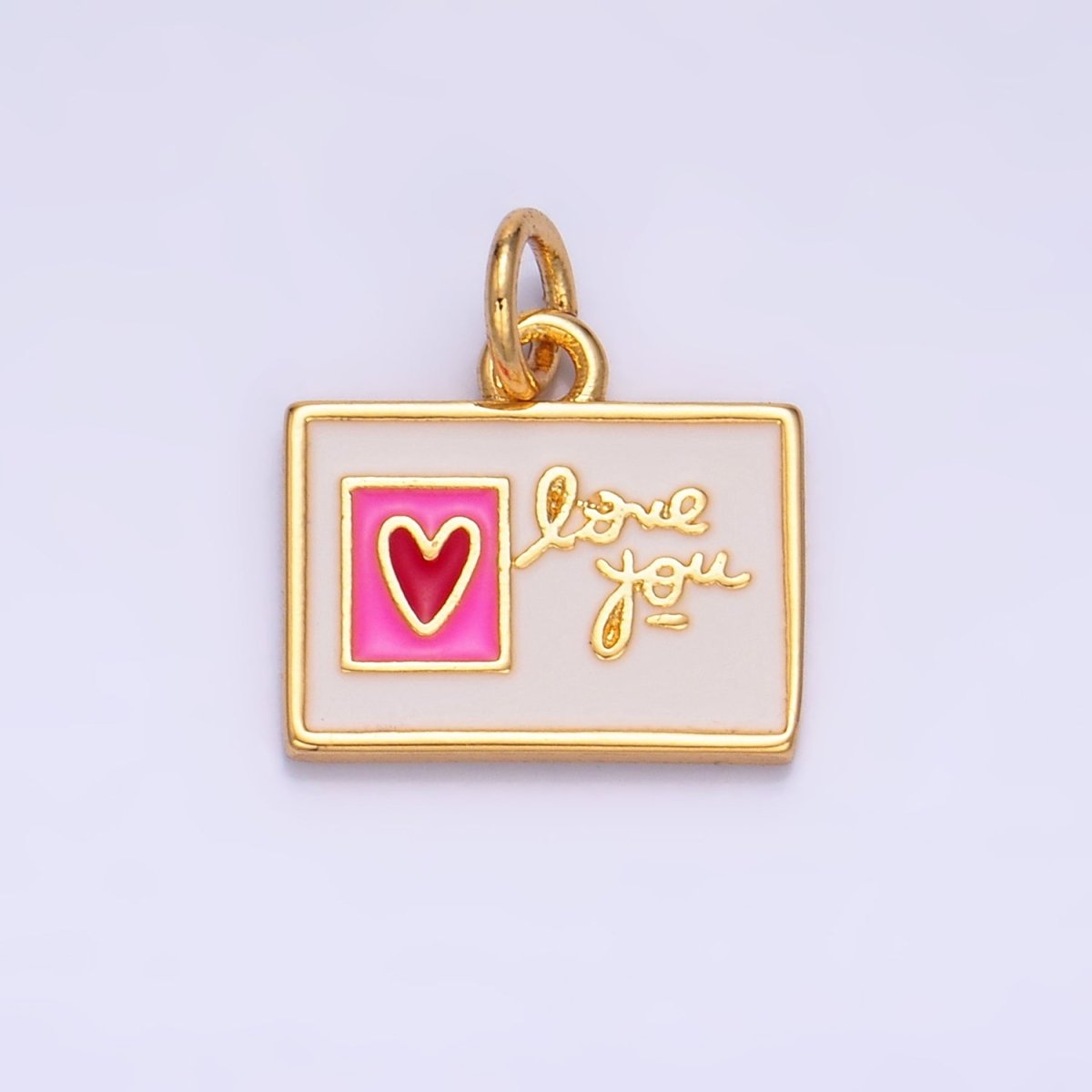 24K Gold Filled "Love You" Script Enamel Post Card Charm | W276 - DLUXCA