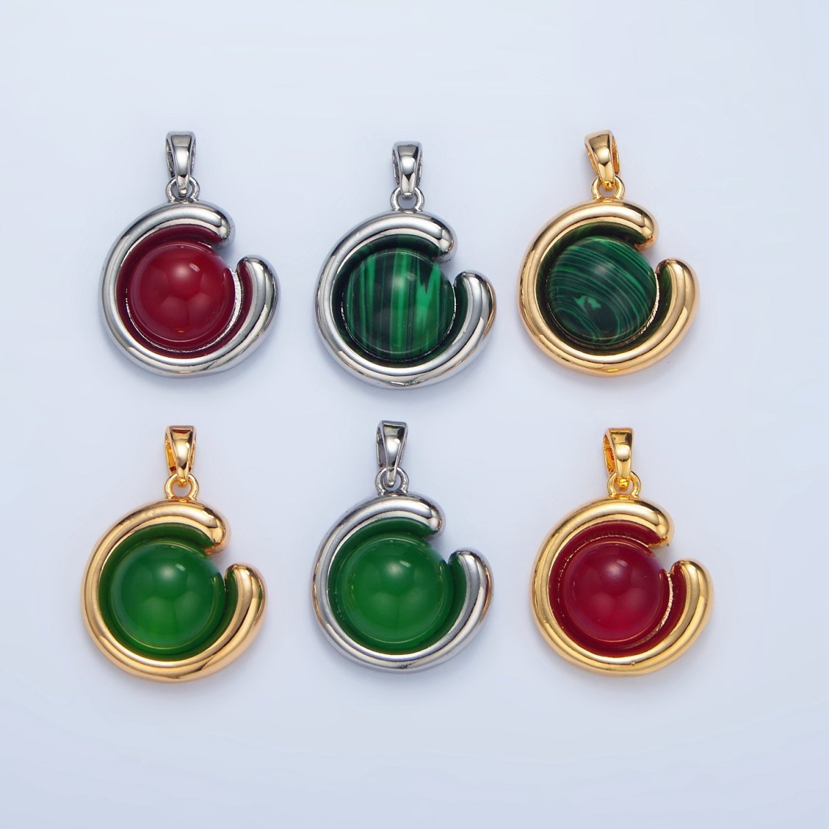 24K Gold Filled Malachite, Carnelian, Aventurine Gemstone Curved Molten Pendant in Gold & Silver | AA976 - AA978