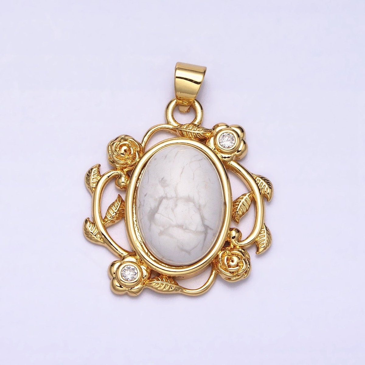 24k Gold Filled Malachite, Howlite Charms, Gold Oval Cabochon Pendant with Rose Flower Frame AA281 AA282