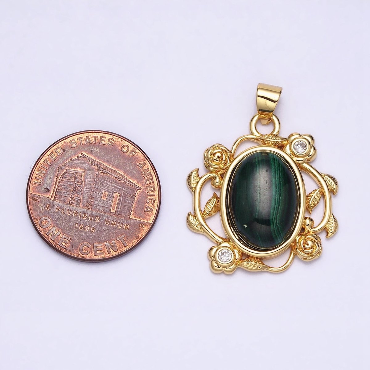 24k Gold Filled Malachite, Howlite Charms, Gold Oval Cabochon Pendant with Rose Flower Frame AA281 AA282