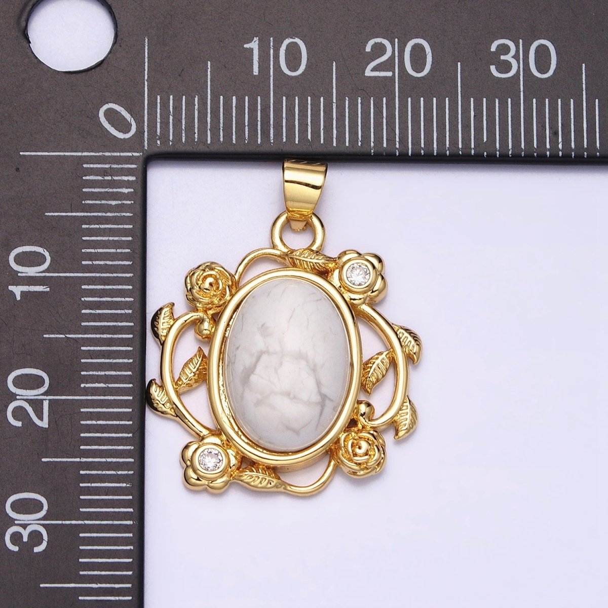 24k Gold Filled Malachite, Howlite Charms, Gold Oval Cabochon Pendant with Rose Flower Frame AA281 AA282