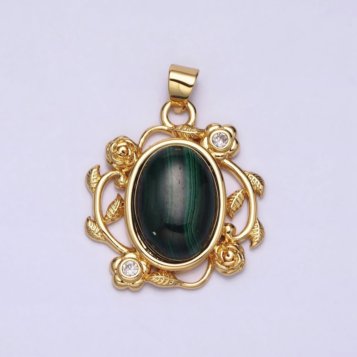 24k Gold Filled Malachite, Howlite Charms, Gold Oval Cabochon Pendant with Rose Flower Frame AA281 AA282