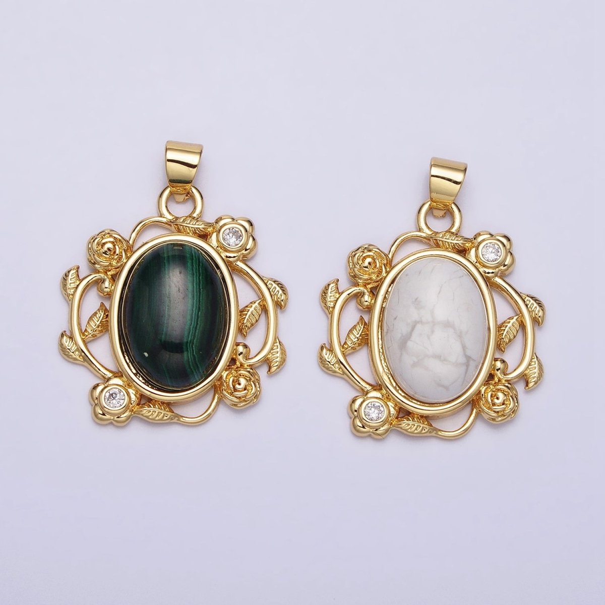 24k Gold Filled Malachite, Howlite Charms, Gold Oval Cabochon Pendant with Rose Flower Frame AA281 AA282