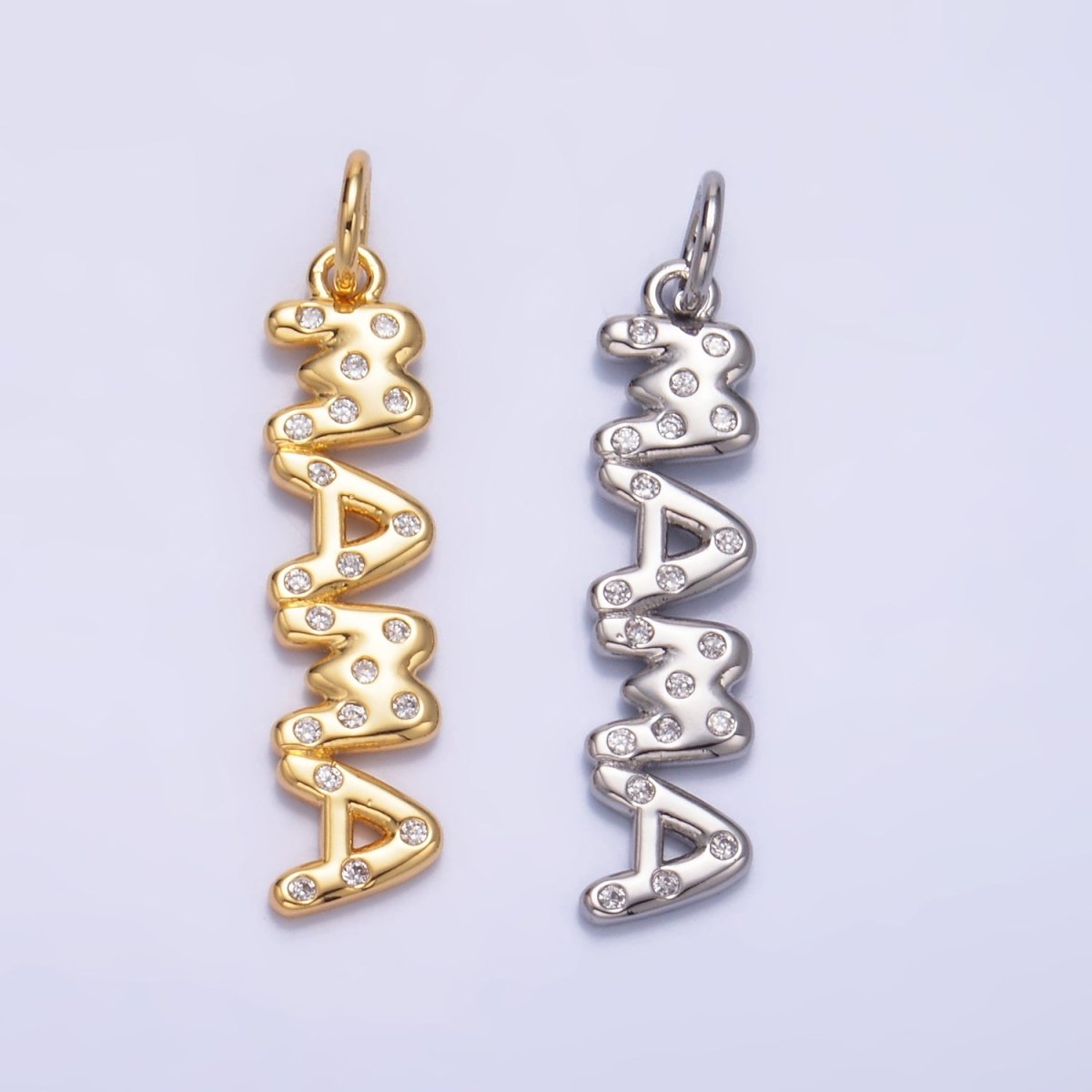24K Gold Filled "MAMA" CZ Dotted Script Charm in Gold & Silver | W220
