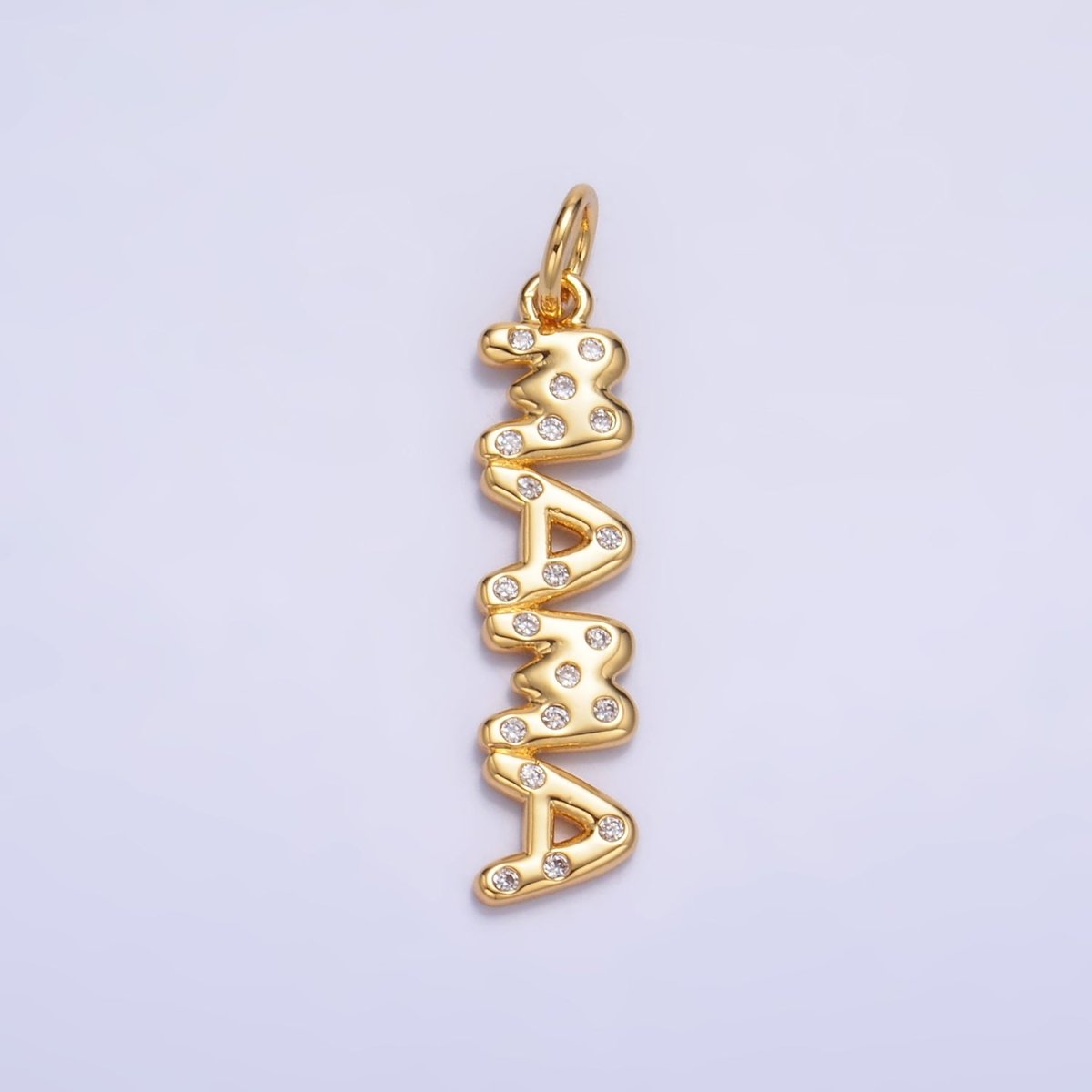 24K Gold Filled "MAMA" CZ Dotted Script Charm in Gold & Silver | W220