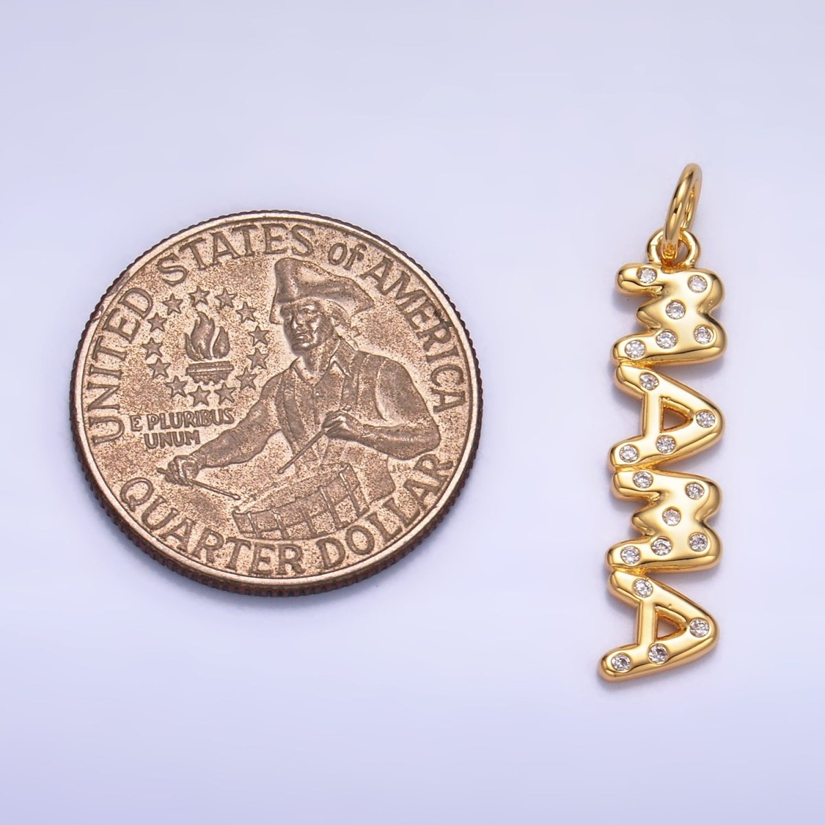 24K Gold Filled "MAMA" CZ Dotted Script Charm in Gold & Silver | W220