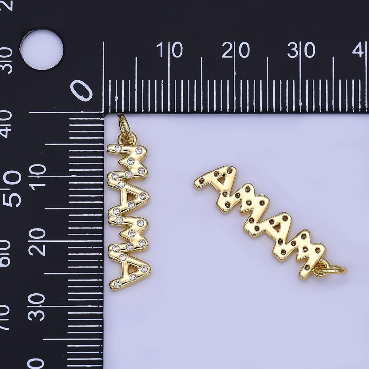 24K Gold Filled "MAMA" CZ Dotted Script Charm | N1323 - DLUXCA