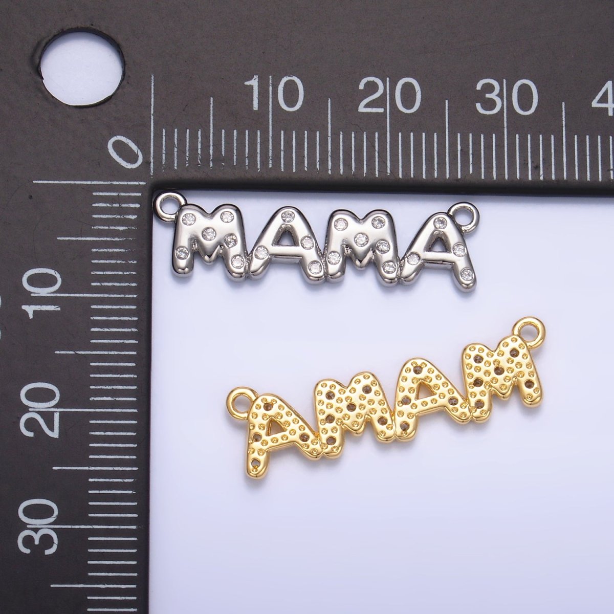 24K Gold Filled "MAMA" CZ Dotted Script Connector in Gold & Silver | F865