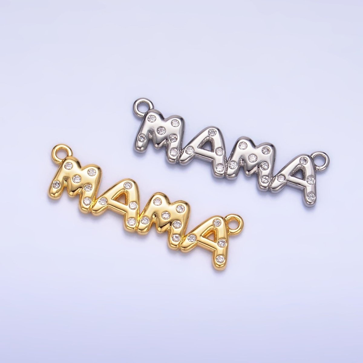 24K Gold Filled "MAMA" CZ Dotted Script Connector in Gold & Silver | F865