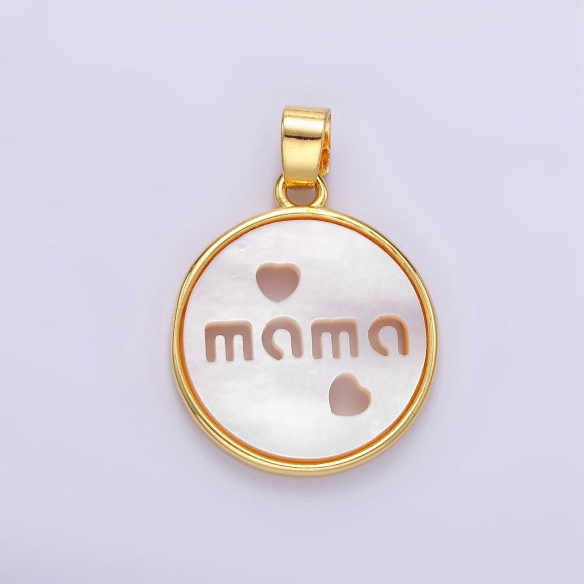 24K Gold Filled "MAMA" Script Heart Open Shell Pearl Round Pendant | AA1357 - DLUXCA