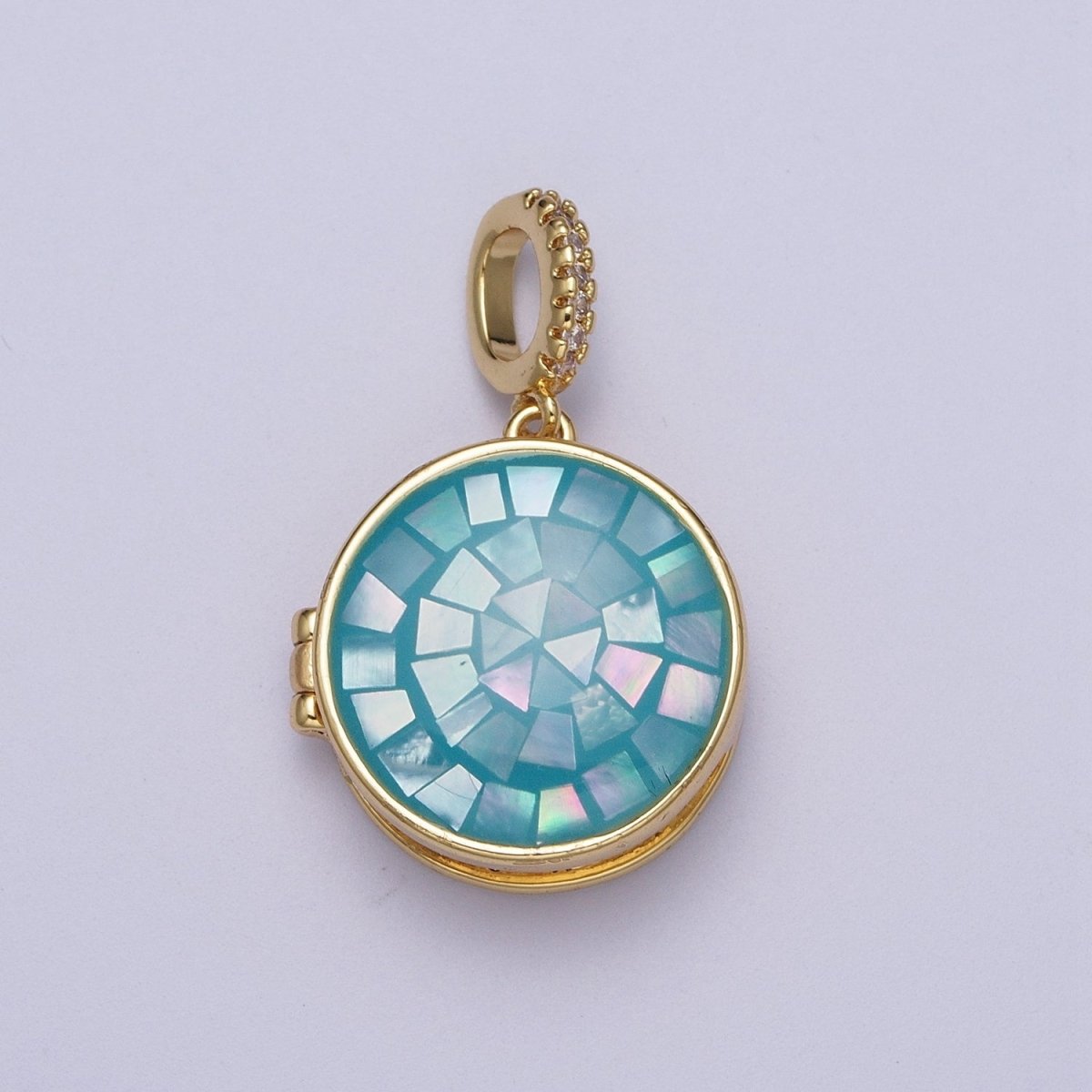 24K Gold Filled Marian Cross Black, Blue, Pink, White, Green Shell Opal Round Locket Pendant H-080 H-081 H-082 H-083 H-085