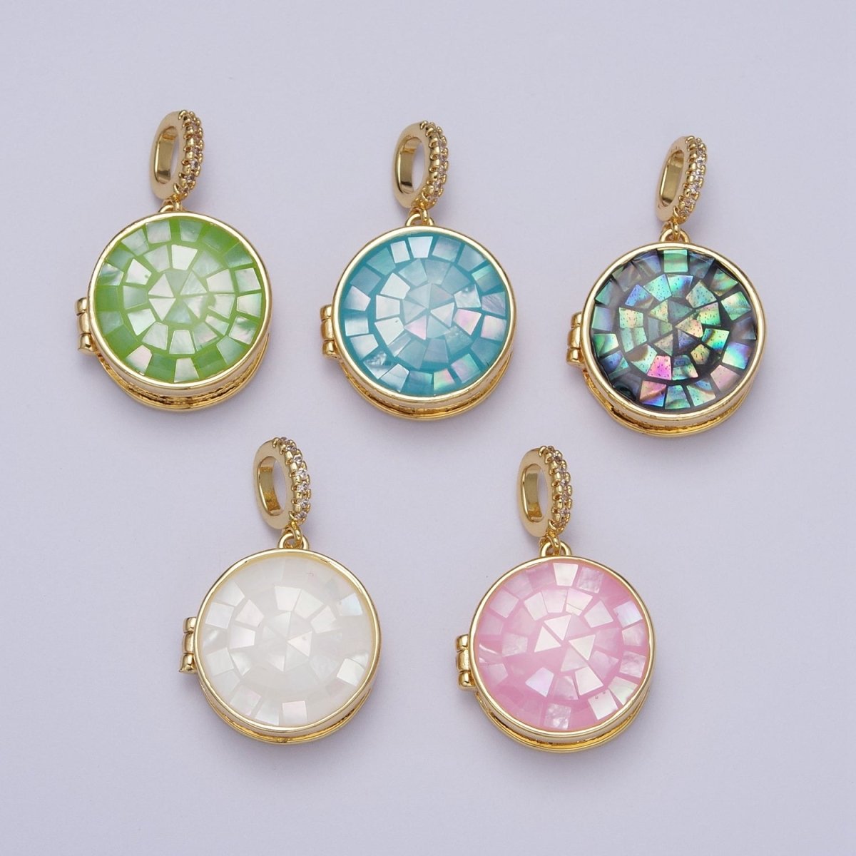 24K Gold Filled Marian Cross Black, Blue, Pink, White, Green Shell Opal Round Locket Pendant H-080 H-081 H-082 H-083 H-085