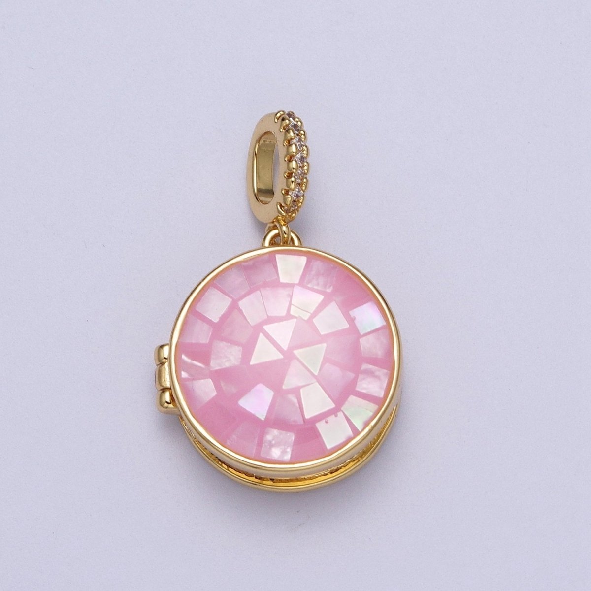 24K Gold Filled Marian Cross Black, Blue, Pink, White, Green Shell Opal Round Locket Pendant H-080 H-081 H-082 H-083 H-085