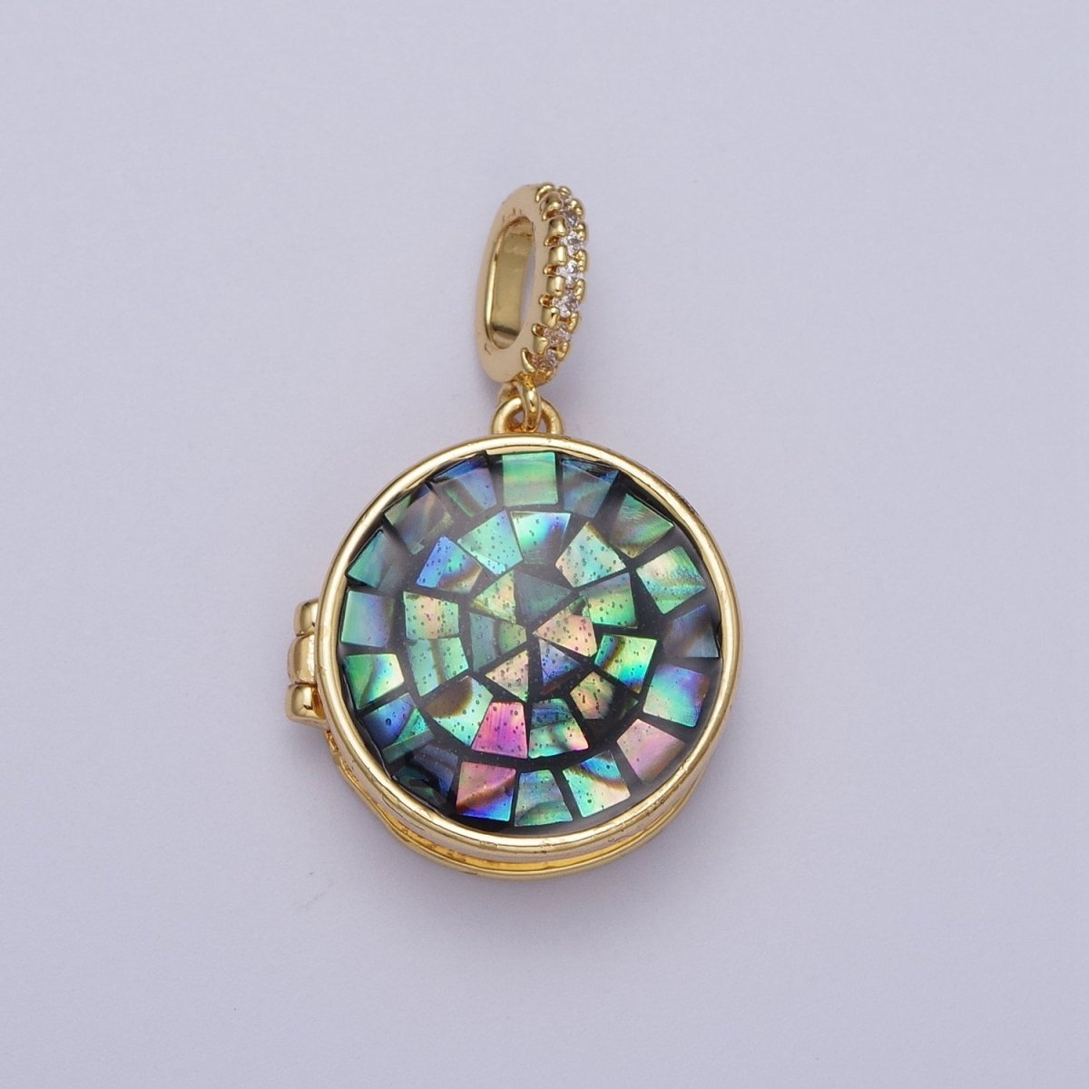 24K Gold Filled Marian Cross Black, Blue, Pink, White, Green Shell Opal Round Locket Pendant H-080 H-081 H-082 H-083 H-085