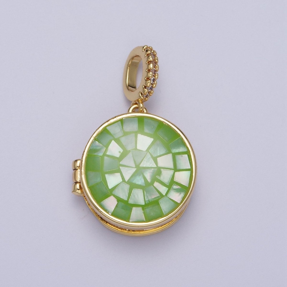 24K Gold Filled Marian Cross Black, Blue, Pink, White, Green Shell Opal Round Locket Pendant H-080 H-081 H-082 H-083 H-085