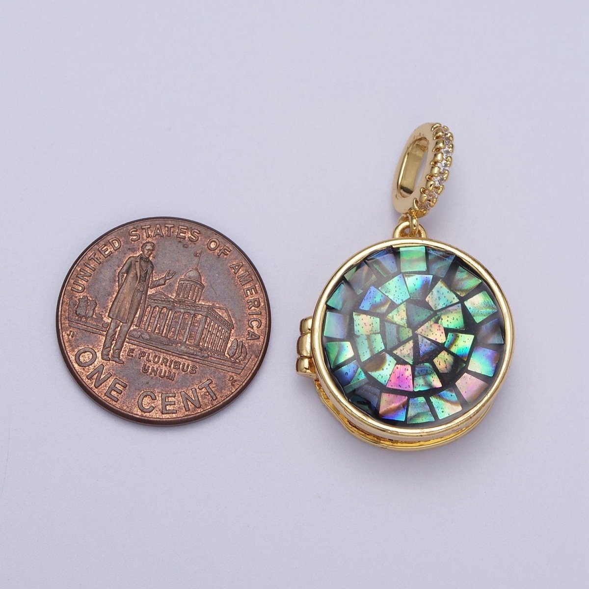 24K Gold Filled Marian Cross Black, Blue, Pink, White, Green Shell Opal Round Locket Pendant H-080 H-081 H-082 H-083 H-085