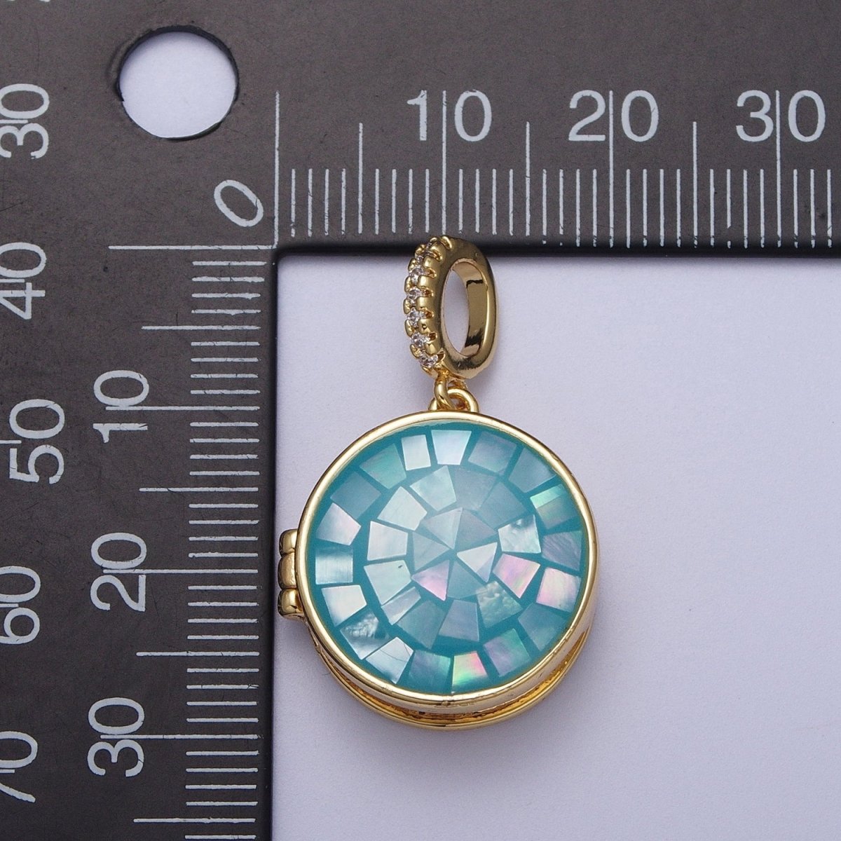 24K Gold Filled Marian Cross Black, Blue, Pink, White, Green Shell Opal Round Locket Pendant H-080 H-081 H-082 H-083 H-085