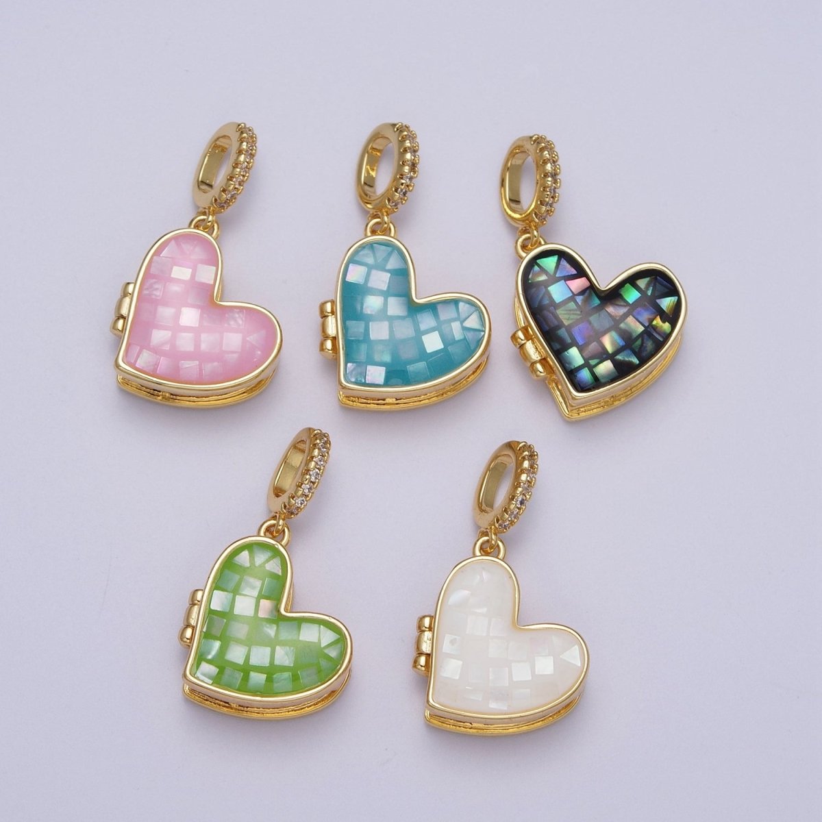 24K Gold Filled Marian Cross Black, Blue, White, Green, Pink Shell Opal Heart Locket Pendant H-106 H-107 H-115 H-130 H-173