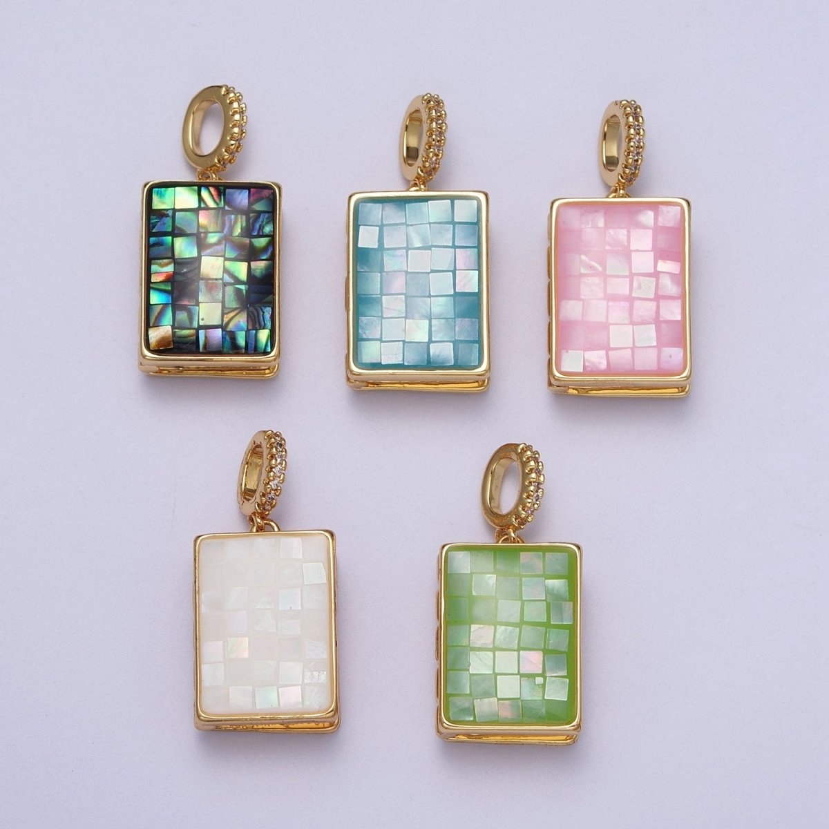 24K Gold Filled Marian Cross Micro Paved Shell Opal Rectangular Locket Pendant H-139 H-145 H-147 H-149 H-150