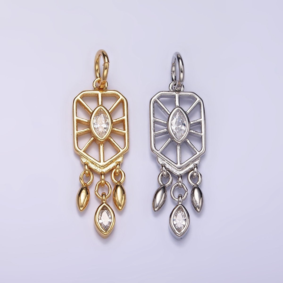 24K Gold Filled Marquise CZ Geometric Triple Sphere Drop Dream catcher Charm in Gold & Silver | D288