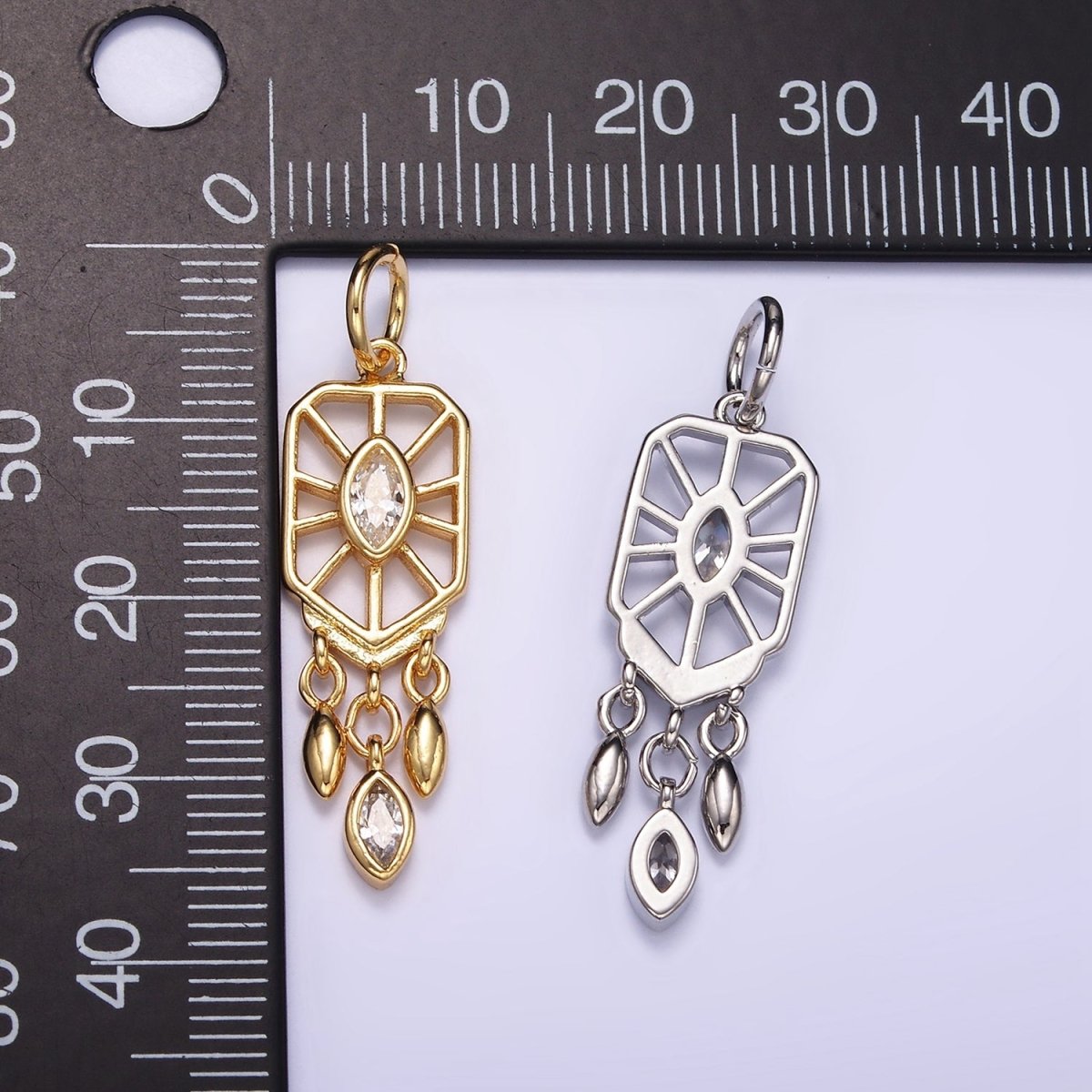 24K Gold Filled Marquise CZ Geometric Triple Sphere Drop Dream catcher Charm in Gold & Silver | D288