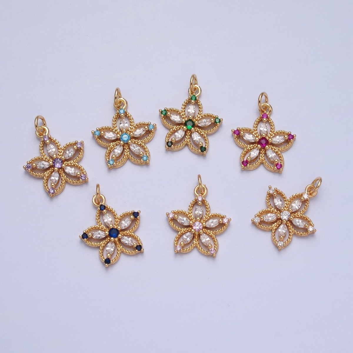 24K Gold Filled Marquise CZ Petal Flower Beaded Charm | X-068 - X-075