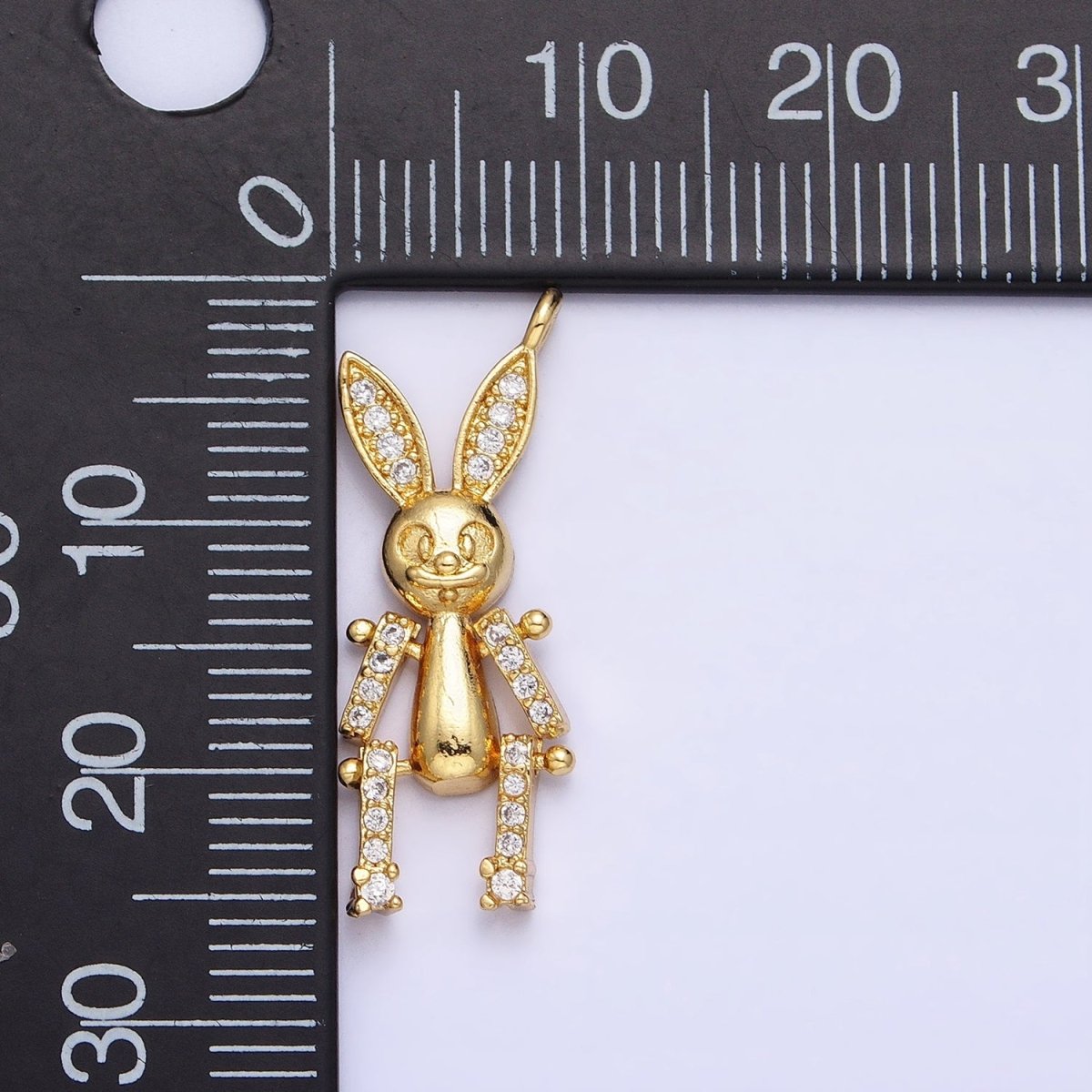 24K Gold Filled Mechanical Smiling Rabbit Bunny Micro Paved CZ Charm | AC587 - DLUXCA