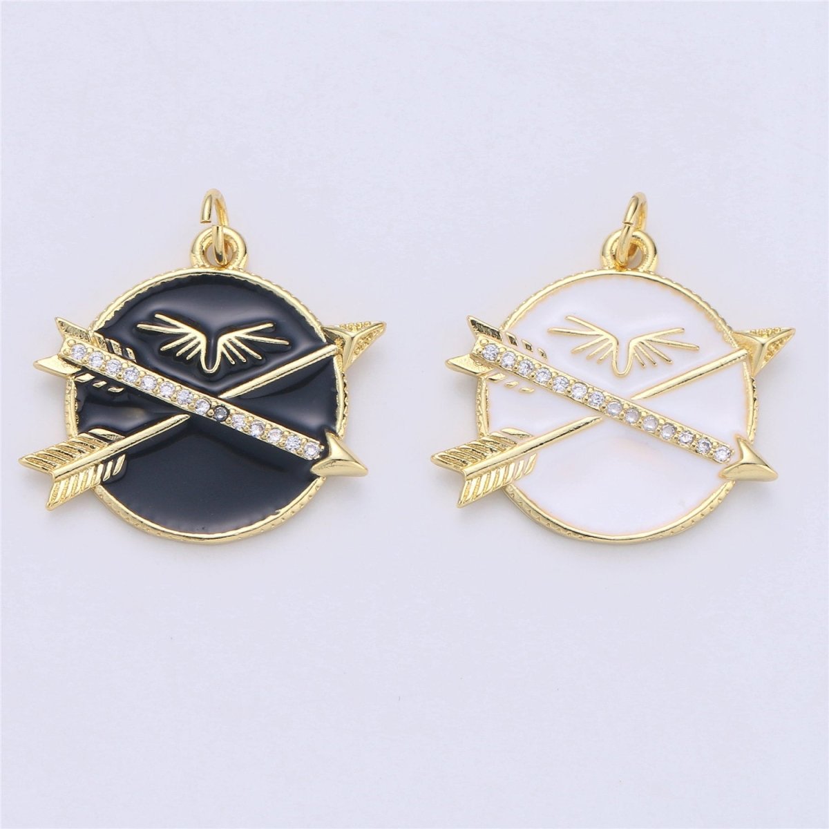 24k Gold Filled Medallion Pendant Black / White Enamel Arrow Necklace Charm for Statement Layer Necklace Component Supply, C-761