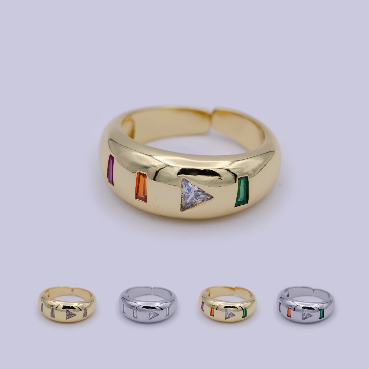 24K Gold Filled Media Icon Adjustable Ring, Pause & Skip Ahead Button with Multicolor/Clear CZ Cubic Zirconia Cuff Ring in Gold & Silver S-312 S-314 U-379 U-380