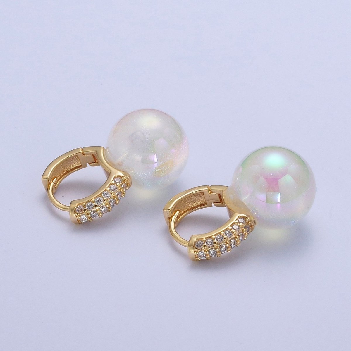 24K Gold Filled Micro Pave 15mm Huggie Hoop Earrings with Round White Pearl P-234 - DLUXCA