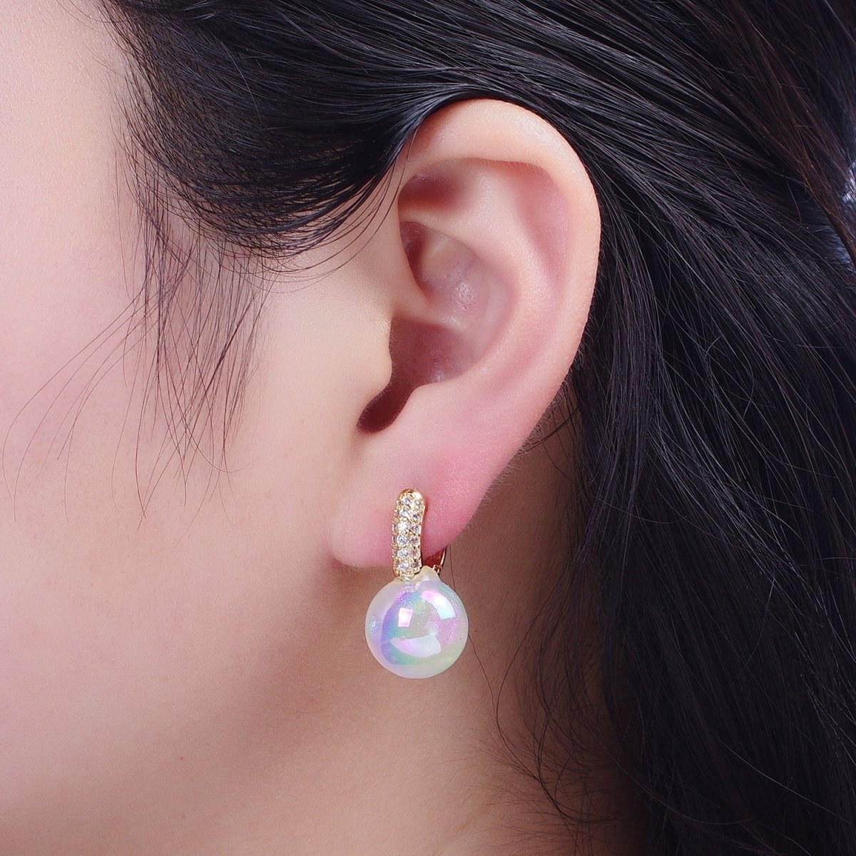 24K Gold Filled Micro Pave 15mm Huggie Hoop Earrings with Round White Pearl P-234 - DLUXCA