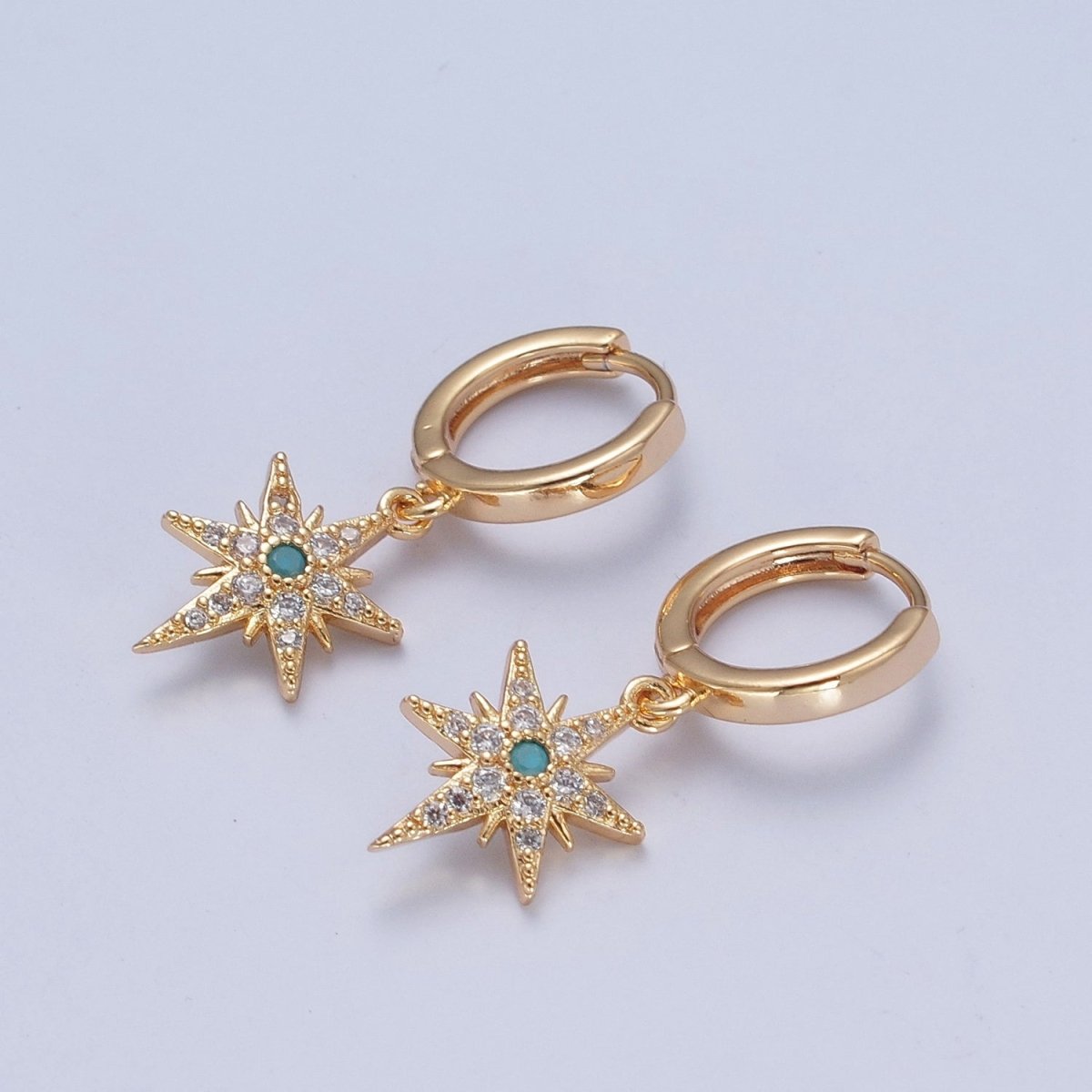 24K Gold Filled Micro Pave Clear CZ Turquoise Celestial Star Charm Dangle Drop Earrings P-325 - DLUXCA