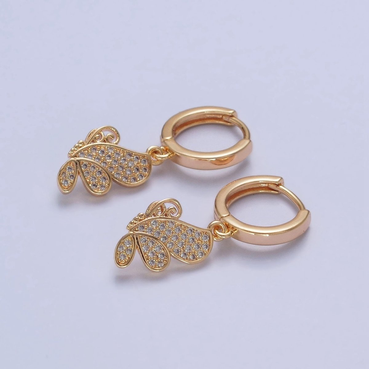 24K Gold Filled Micro Pave Cubic Zirconia Butterfly Mariposa Charm Dangle Huggie Hoop Earrings P-437 - DLUXCA