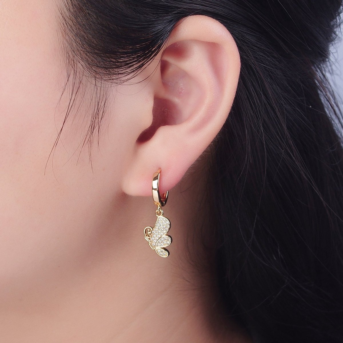 24K Gold Filled Micro Pave Cubic Zirconia Butterfly Mariposa Charm Dangle Huggie Hoop Earrings P-437 - DLUXCA