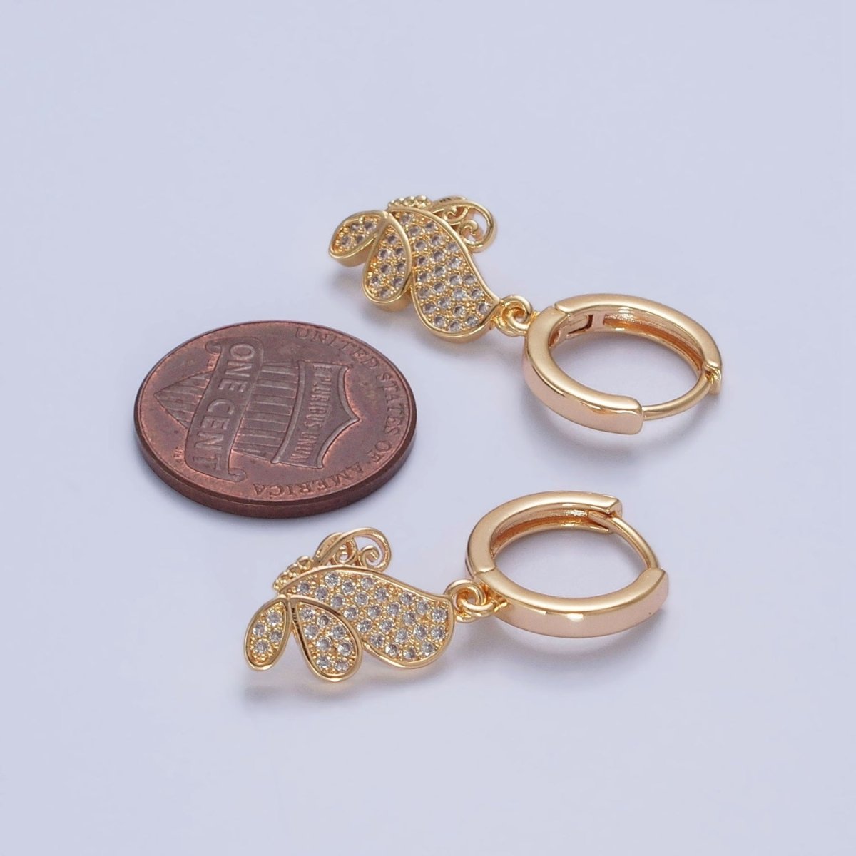 24K Gold Filled Micro Pave Cubic Zirconia Butterfly Mariposa Charm Dangle Huggie Hoop Earrings P-437 - DLUXCA