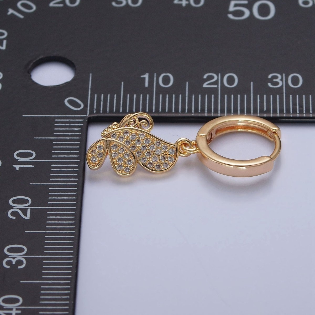 24K Gold Filled Micro Pave Cubic Zirconia Butterfly Mariposa Charm Dangle Huggie Hoop Earrings P-437 - DLUXCA