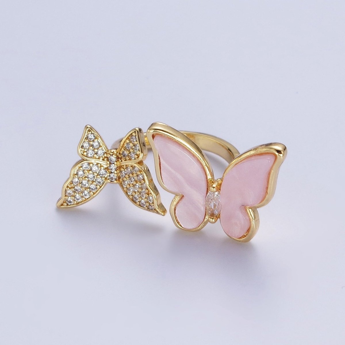 24K Gold Filled Micro Pave Cubic Zirconia Butterfly & Shell Mariposa Double Insect Butterfly Open Ring S-244 - DLUXCA